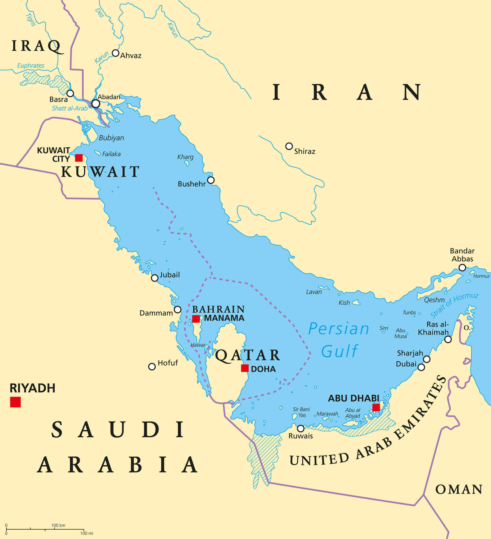 Politische Landkarte der Golfregion mit Katar